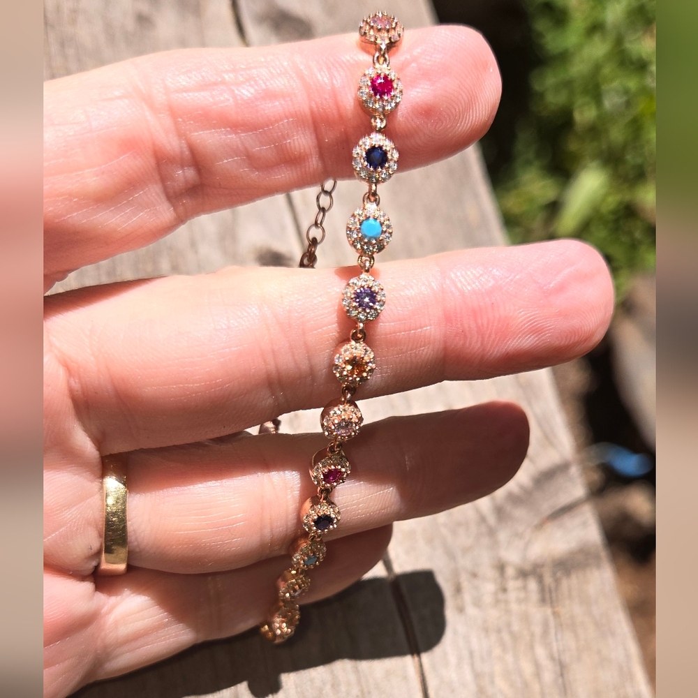 Multi gemstone bracelet sterling & rosegold sz8" - Picture 4 of 9
